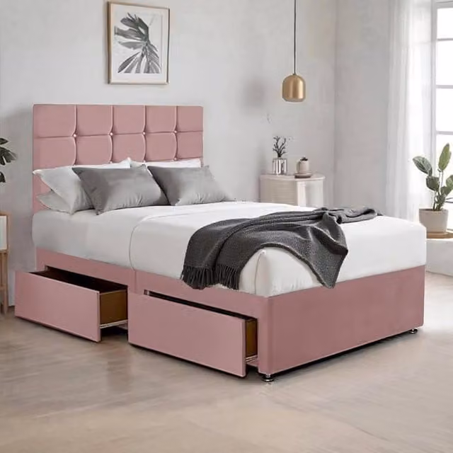 Bed Time UK Plush Pink Velvet Divan Bed with 2 Drawers, 20" Cubic Headboard and Hybrid Mattress, W/D/H: 180 x 200 cm