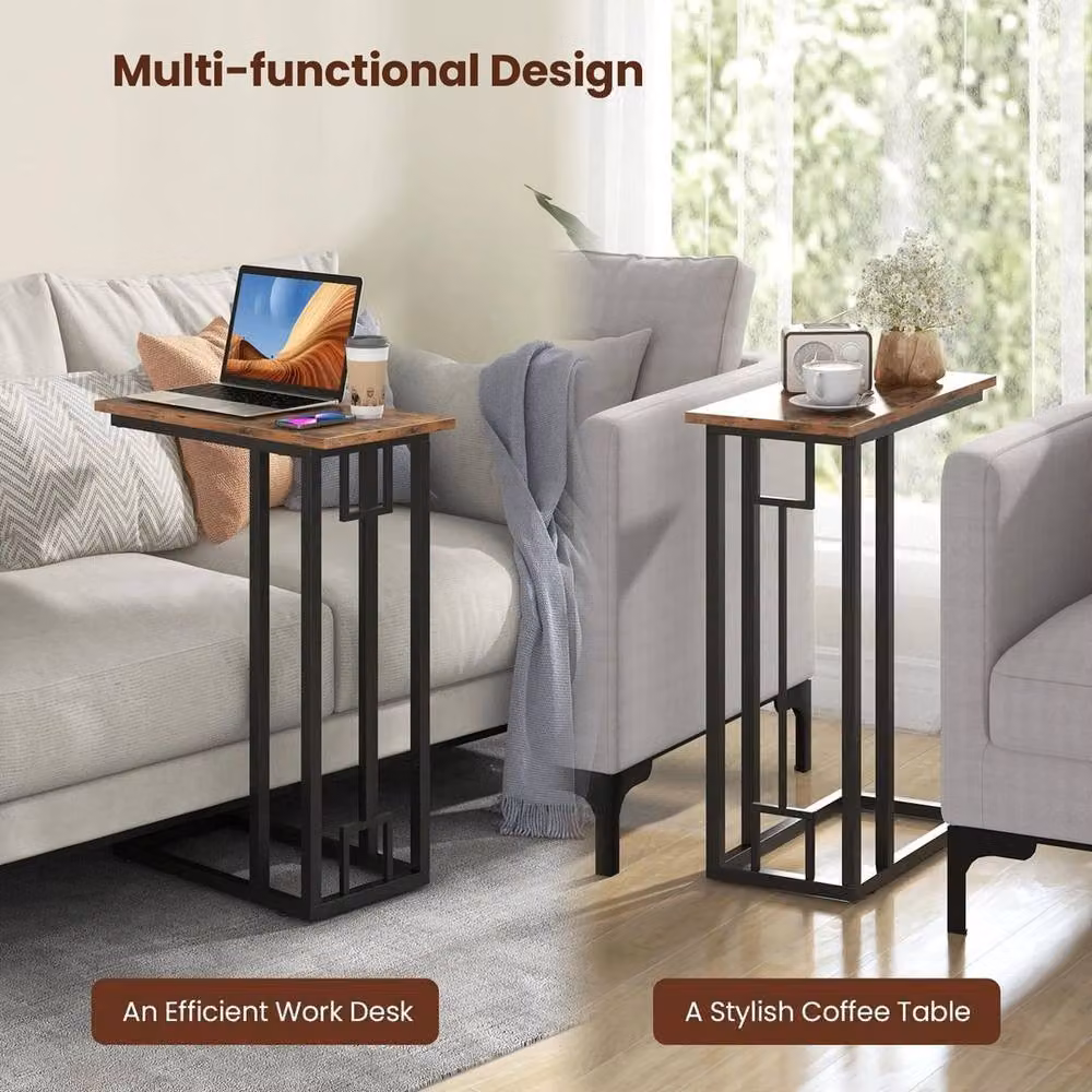 KORVIXA Modern C-Shaped Narrow Side Table in Brown with Metal Sled Base – 4