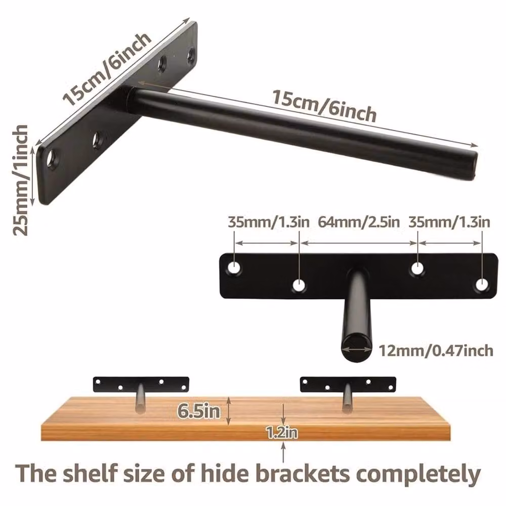 VOGREX 4-Piece Heavy Duty Hidden Metal Floating Shelf Brackets in Black – 2