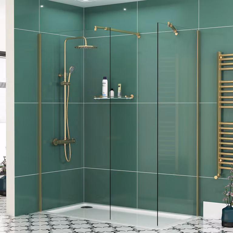 Royal Bathrooms Marbella 8mm Walk In Shower Enclosure with Tray, Brushed Brass and Clear Glass, W/D: 120 x 70 cm