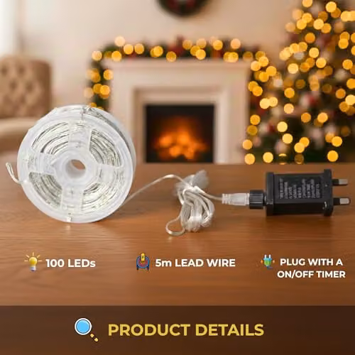 Shatchi Multicolour LED String Lights with 100 LEDs, 10m Length, Mains Powered, 8 Modes, Timer and IP44 Waterproof Rating for Indoor and Outdoor Decor – 6