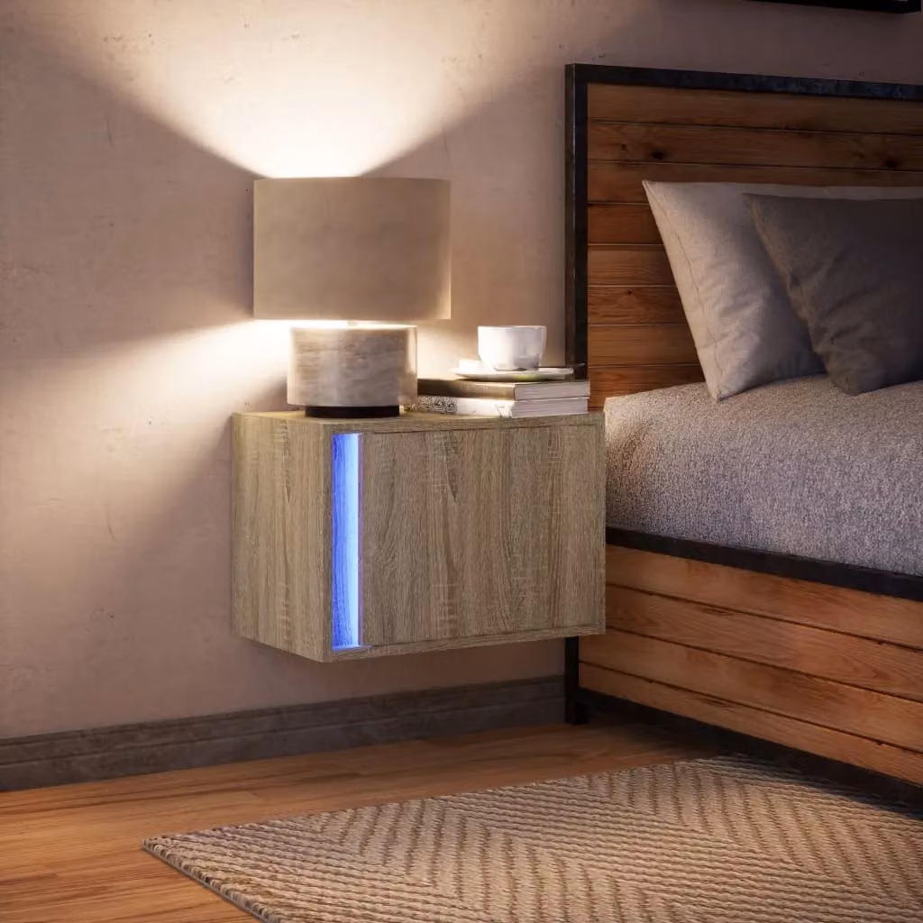 Berkfield Home Wall-mounted Bedside Cabinet with Integrated LED Lights in Sonoma Oak Brown – 3