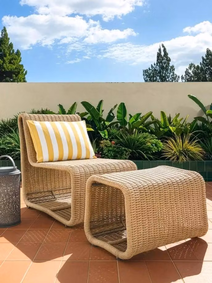 Very Collection Garda Rattan Relaxer Chair and Footstool Outdoor Lounge Set with Beige Striped Weatherproof Cushions
