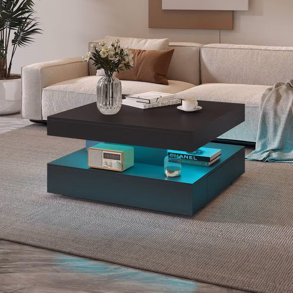 KEEPREAPER Modern LED Coffee Table with 2 Storage Drawers in Black – 8