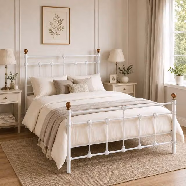 SquareBoxx Isabella Double Metal Bed Frame in White with Classic Victorian Style