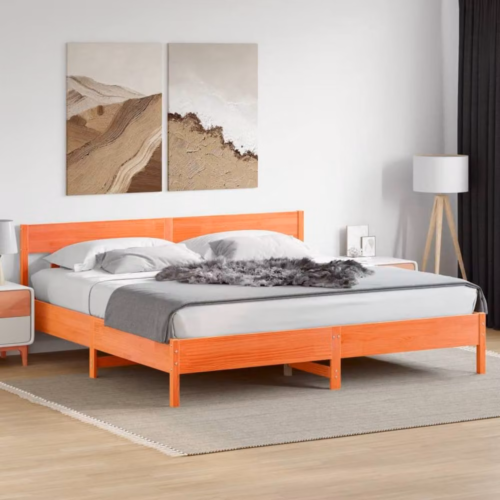 Berkfield Home Solid Wood Pine Bed Frame in Wax Brown and Orange, W/D/H: 200 x 200 x 81 cm – 2
