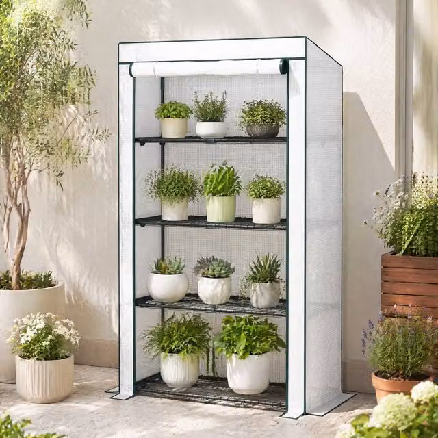 STILVORA Four-Tier Mini Greenhouse with Roll-Up Door in Green