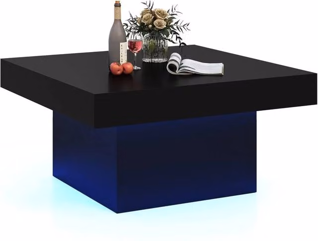 VOGREX Square LED Coffee Table in Black with Glossy Glass Top