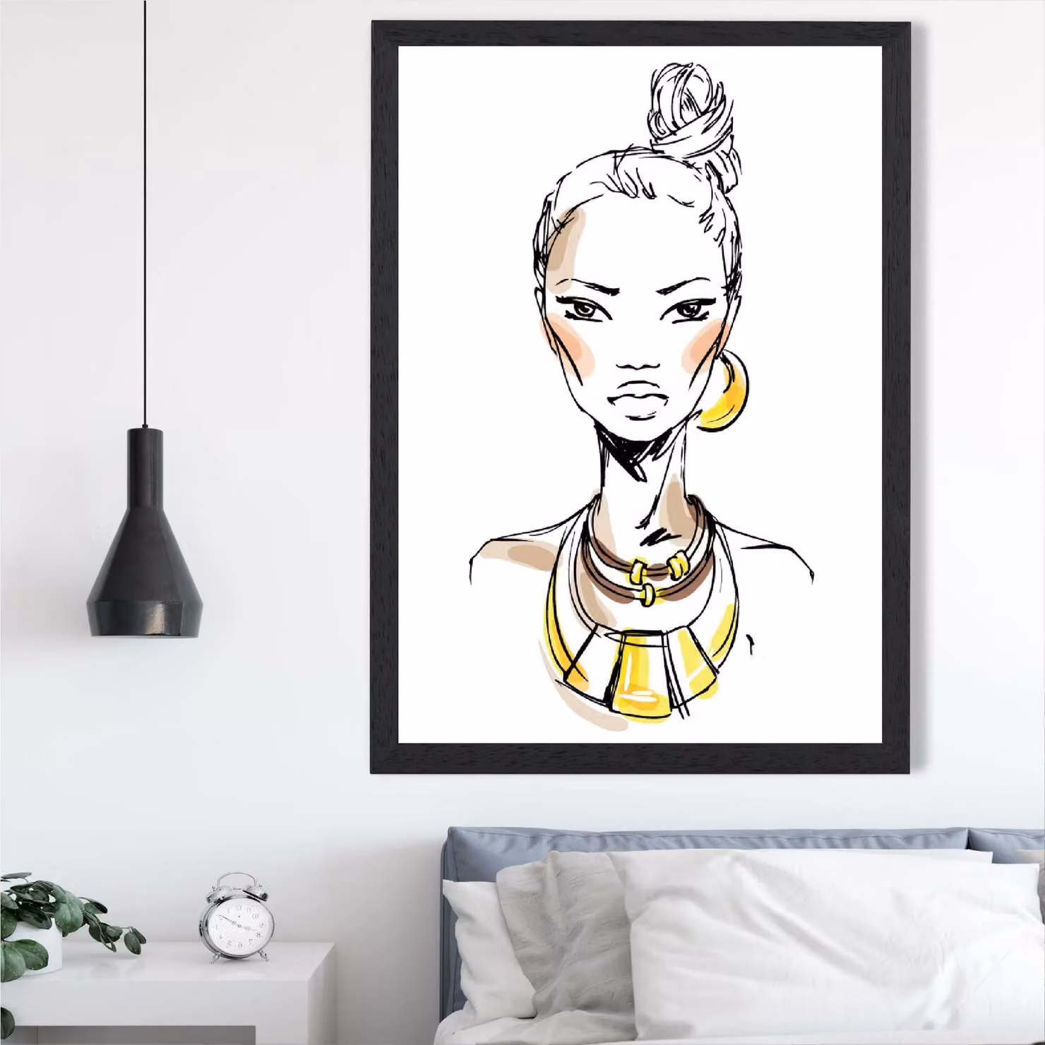 ARTZE Woman Face Pen and Ink Sketch Framed Print, Yellow and Black, A2 – 2