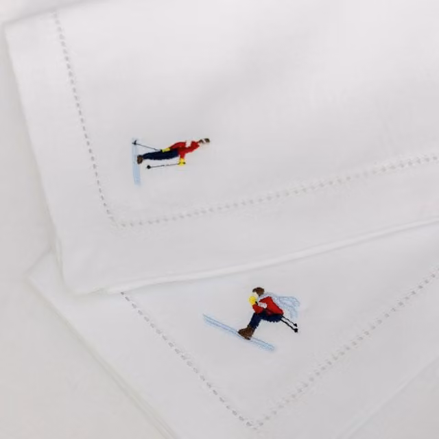 Mafra White Cotton Table Linen with Embroidered Retro Sports Motifs W/D: 50 x 50 cm