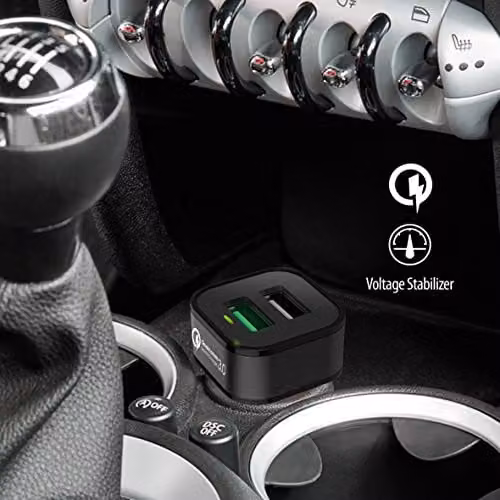 TechStone Dual USB Car Charger with Quick Charge 3.0 in Black and Multicolour – 3