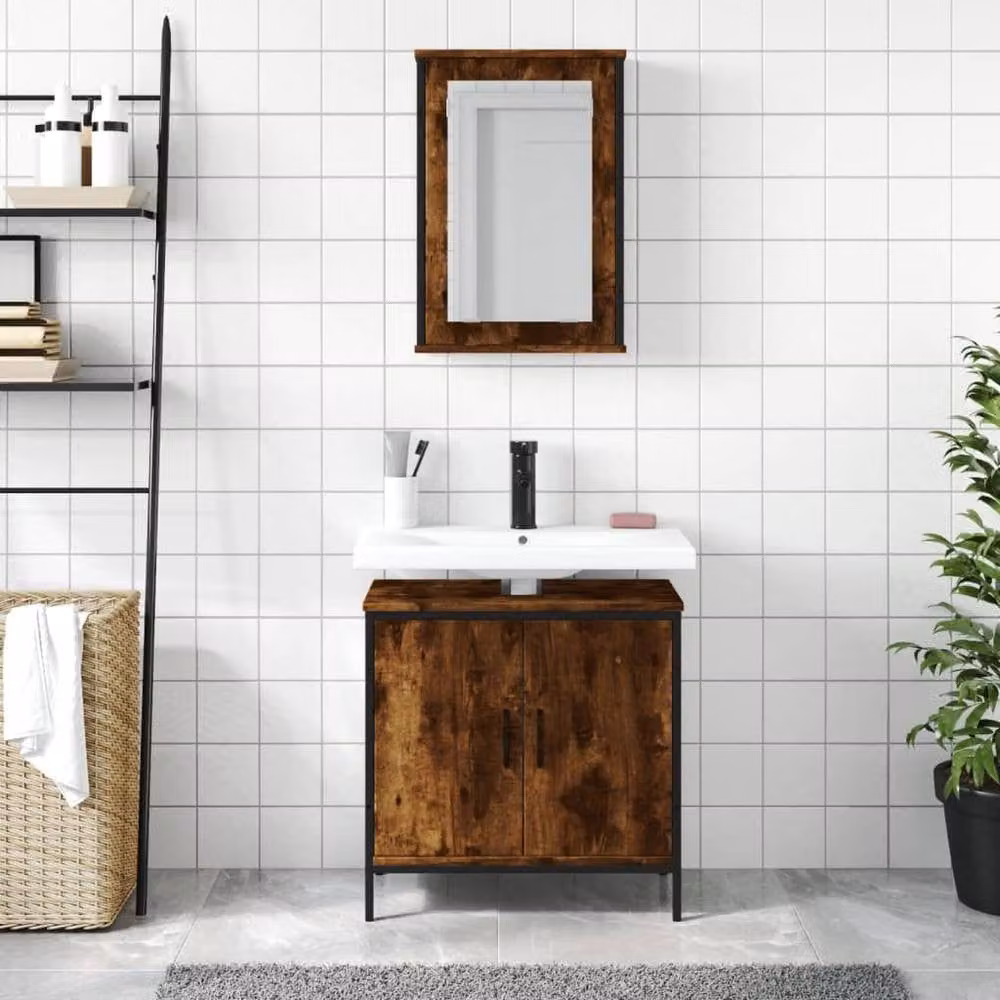 Berkfield Home 2 Piece Industrial Bathroom Furniture Set in Smoked Oak Brown featuring Mirror Cabinet and Vanity Unit – 2