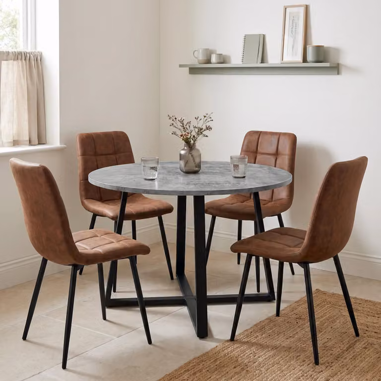 DHS Kyvon Round Dining Table Set with 4 Chairs in Brown Concrete Effect