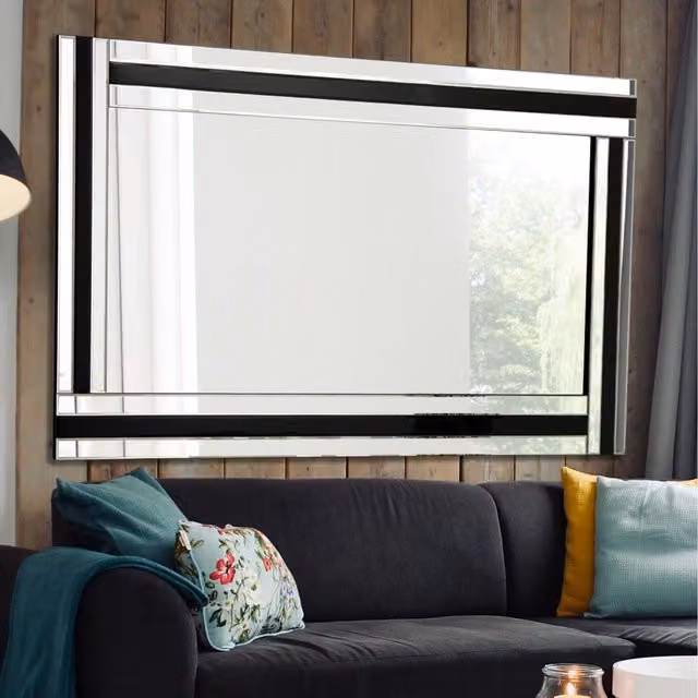 MirrorOutlet Black and Silver Rectangular Bevelled Triple Edge Wall Mirror, H 144.0 x W 115.5 cm