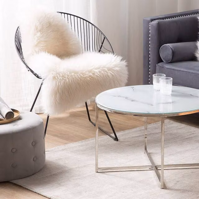 Wyld and Coco Round Coffee Table with White and Silver Marble Effect Top, Diameter: 70 cm, Height: 45 cm – 1