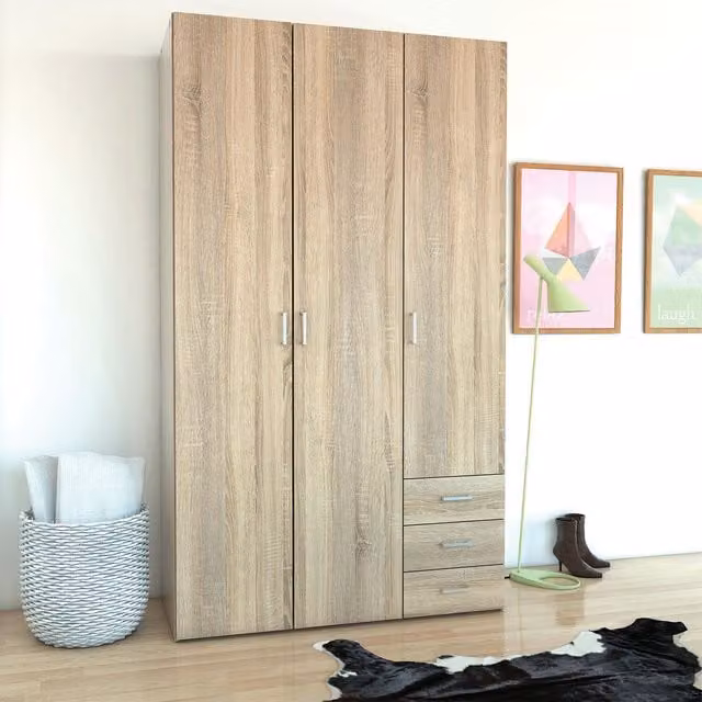Furniture To Go Space Wardrobe in Oak Brown with Integrated Drawers and Internal Shelving
