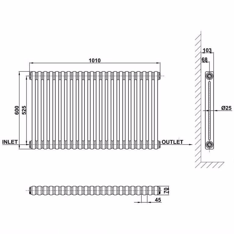 Hinsinc 2 Column Horizontal Steel Radiator, White, W/H: 1010 x 600 mm