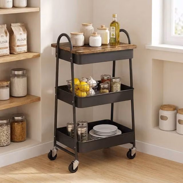 STILVORA 3-Tier Metal Storage Trolley with Wheels and Covered Top in Matt Black – 1
