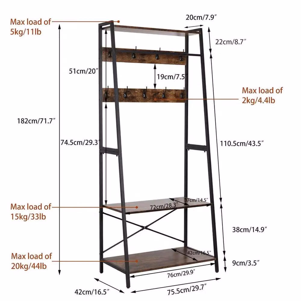 KORVIXA 3-in-1 Industrial Hall Tree with Bench and Dual Hook and Rail Matrix in Matt Black – 2