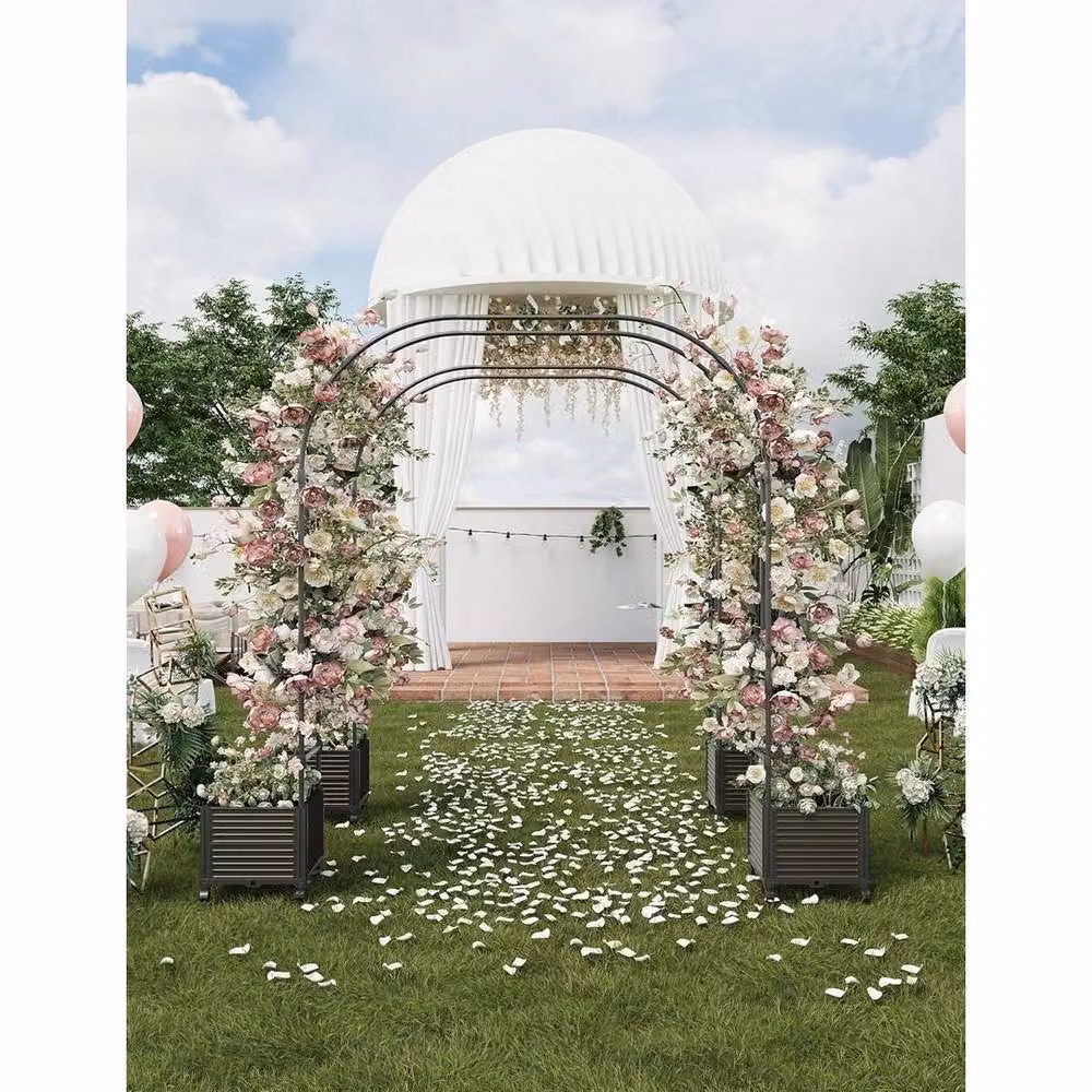 VOGREX Black Metal Garden Arch with Trellis and Planter Box on Wheels – 3