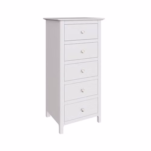 FWStyle Palma White 5-Drawer Tall Slim Chest of Drawers, Compact Modern Bedroom Storage Unit, H 102 cm x W 40 cm x D 25 cm