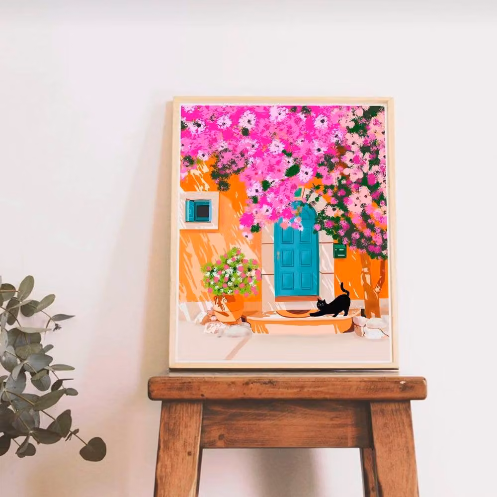 The Paper Tail Blue Door Black Cat Art Print, Multicolour Illustration, A3 – 2