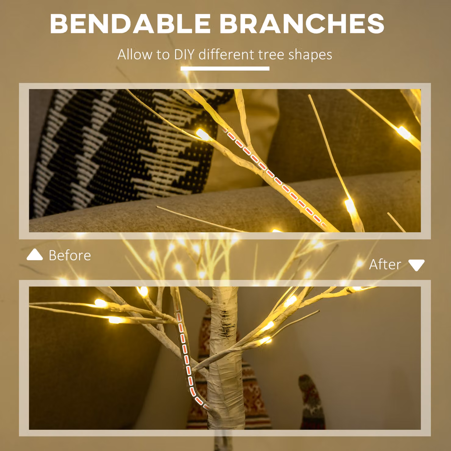 HOMCOM 4ft Artificial White Birch Tree with 72 Warm White Pre-Lit LED Lights, White – 3