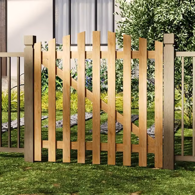 Livingandhome Solid Wood Garden Gate with Z-Shaped Structure in Yellow and Brown, Height: 120 cm