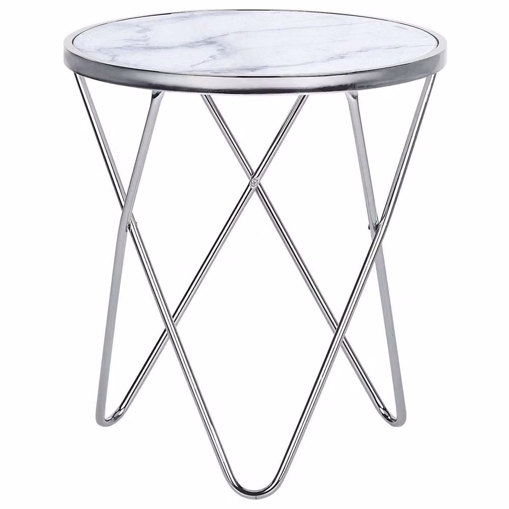 Wyld and Coco Astra Round Side Table with White Marble Effect Tempered Glass Top and Silver Metal Legs, W: 50 cm, H: 55 cm – 2