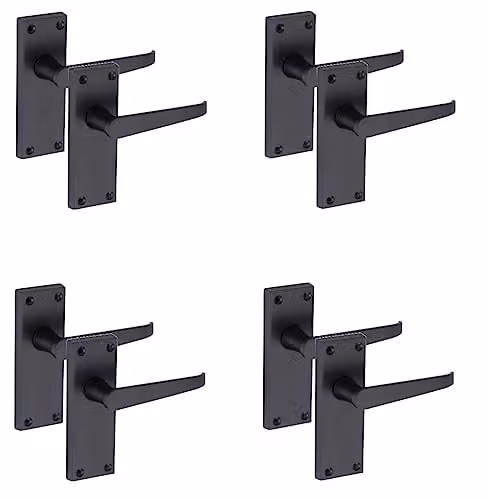Golden Grace Victorian Latch Door Handles with Backplate, Matt Black Zinc, 4 Pairs, W: 12 cm, H: 4 cm