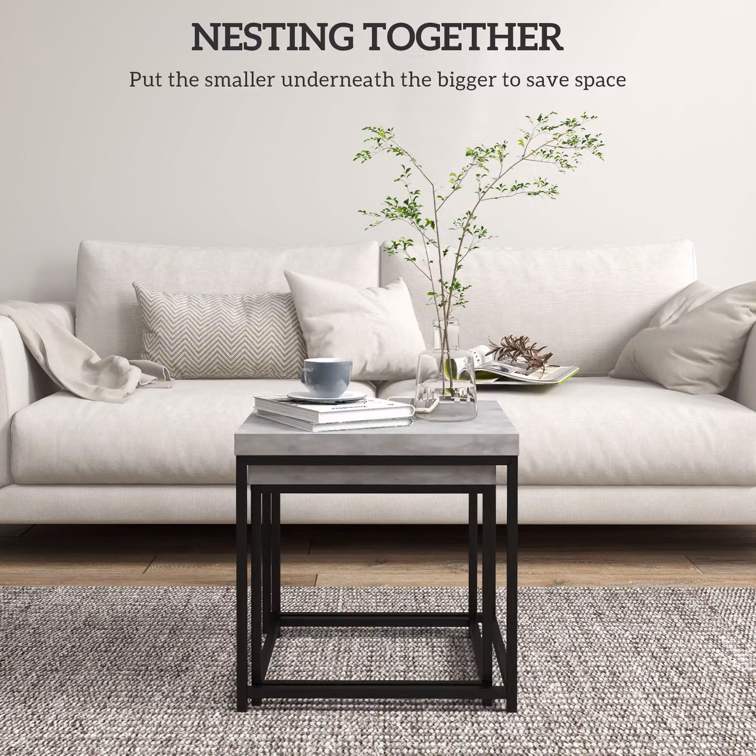HOMCOM Nest of 2 Grey Coffee Tables with 3.5cm Thick Composite Tabletop – 4