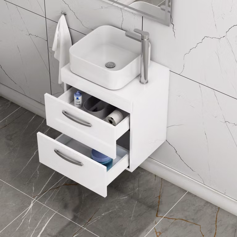 Royal Bathrooms 500mm Wall Hung Gloss White 2 Drawer Vanity Unit with Elena Countertop Basin