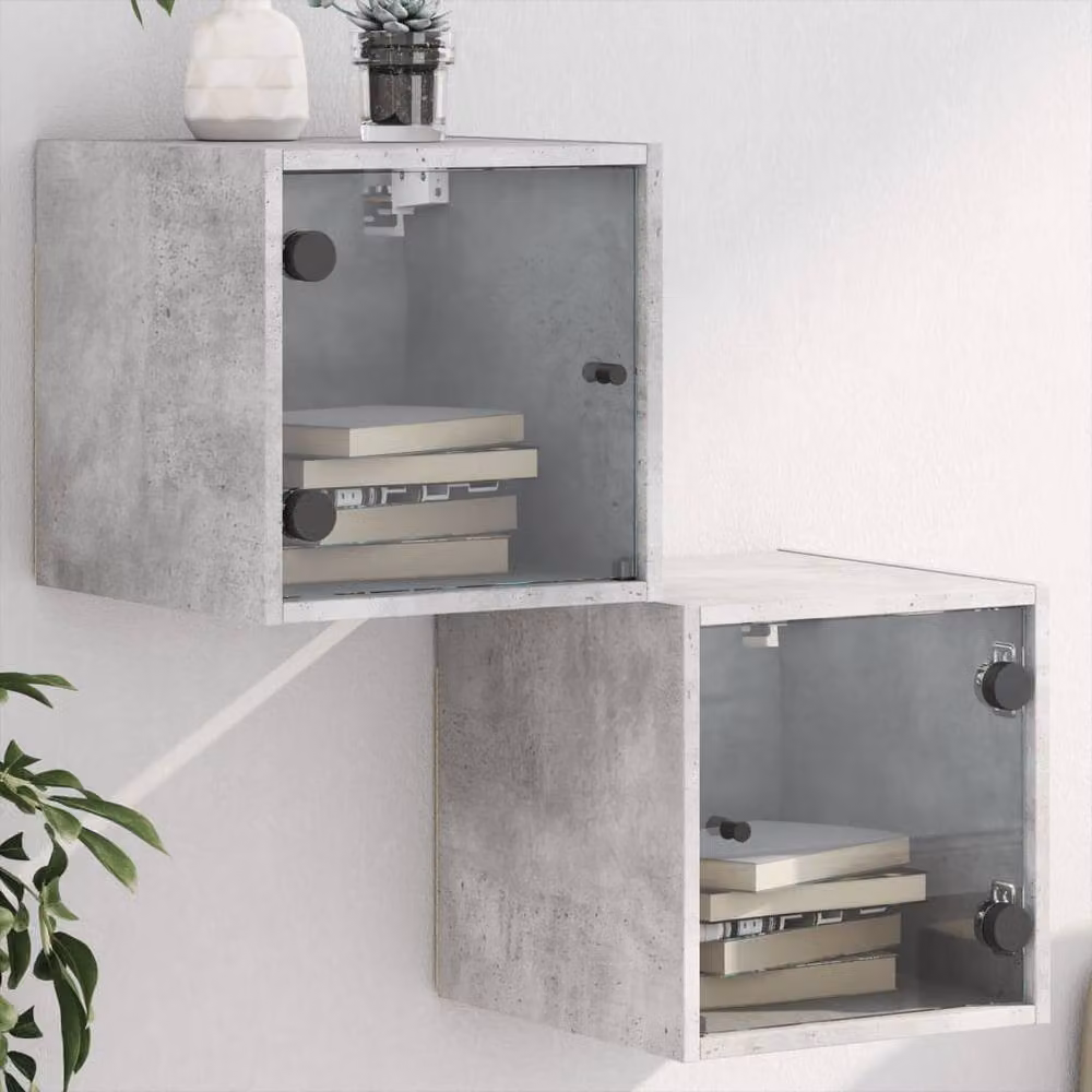 Berkfield Home Bedside Cabinets with Glass Doors, 2 Pieces, Concrete Grey, W/D/H: 35 x 37 x 35 cm – 2
