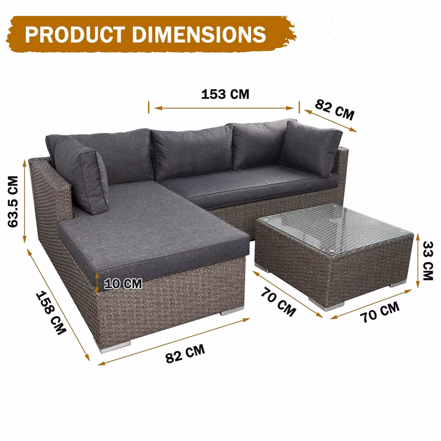 FURNITURE ONE 3 Piece L-Shaped Rattan Garden Corner Sofa Set with Tempered Glass Table in Grey – 5