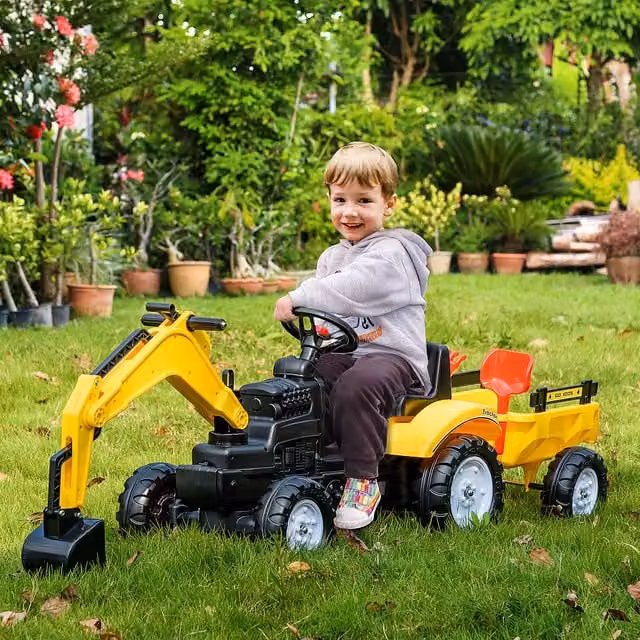 HOMCOM Yellow Ride-on Pedal Digger Construction Car with Trailer