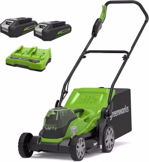 Greenworks 48V 36cm Lawnmower with 2 x 2Ah Rechargeable Batteries and Charger in Green – 1