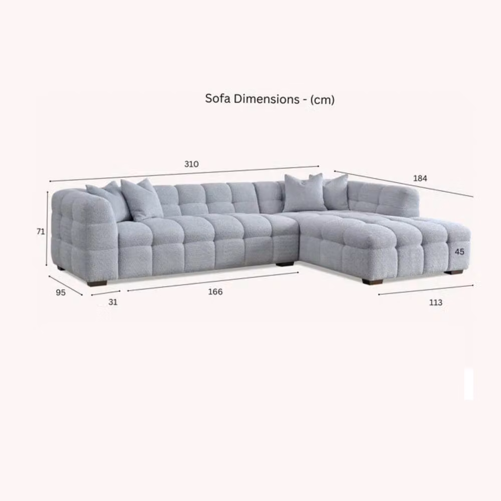 Stratus Interiors Aluxo Tribeca Right Facing L-Shape Corner Sofa in Light Grey Bubble Teddy Boucle Fabric, W: 310 cm, D: 184 cm, H: 71 cm – 2