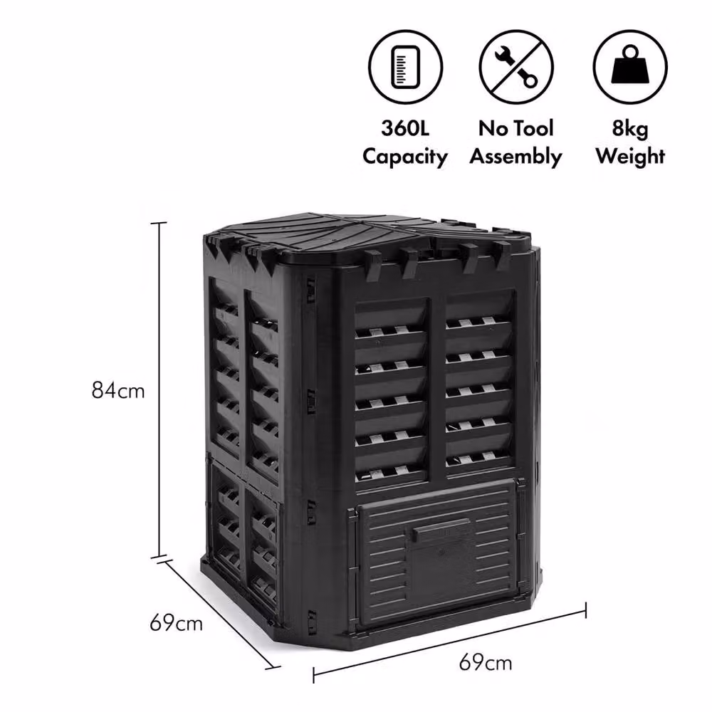 Nordara 360L Black Outdoor Compost Bin with Flip Lid, UV and Frost Resistant Plastic – 2