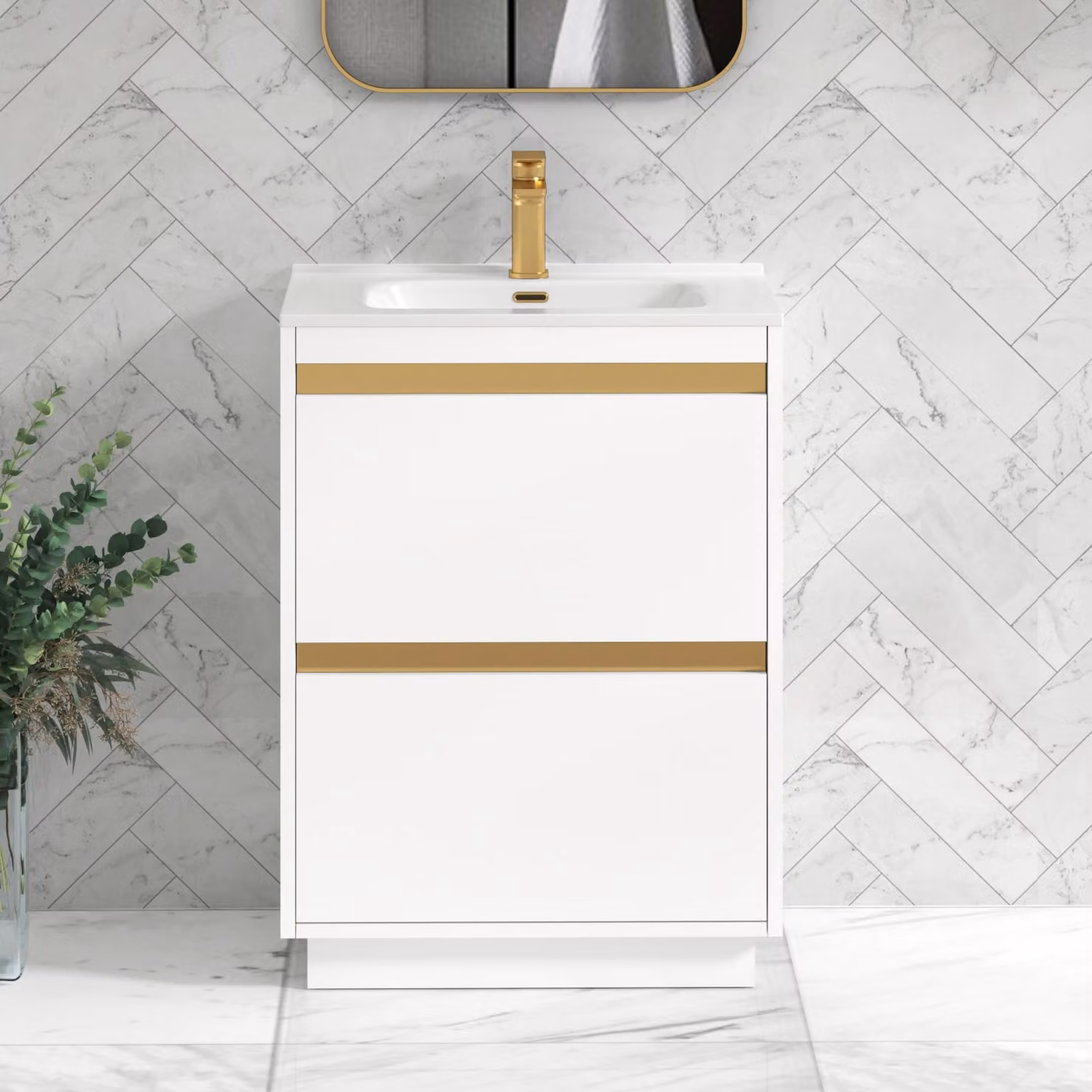 Royal Bathrooms Orion 600mm Matt White 2 Drawer Floor Standing Vanity Unit with Ceramic Basin and Brushed Brass Accent Trim