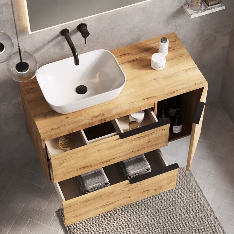 Banyetti Celtic Duo 1000mm Wall Hung Vanity Unit with Door and Worktop in Ostippo Light Oak – 3