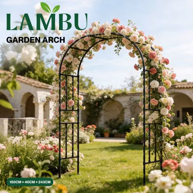 Lambu Metal Garden Arch Trellis for Climbing Plants and Roses, Black, H: 243 cm x W: 150 cm x D: 40 cm