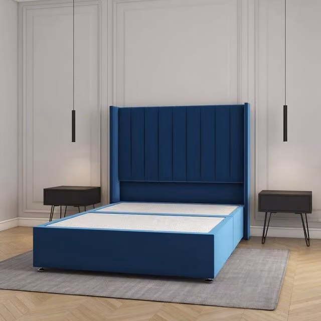 REGIONAL FURNISHINGS Small Double Plush Velvet Divan Bed with 54 inch Headboard in Blue, W/D/H: 120 x 200 cm – 1