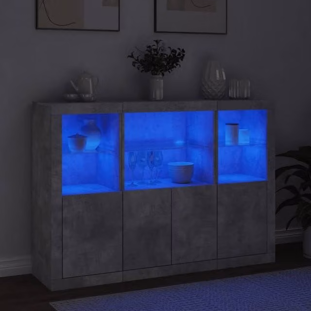 Berkfield Home 3-Piece Sideboard Set with Integrated LED Lighting in Concrete Grey Matt Engineered Wood and Glass – 1
