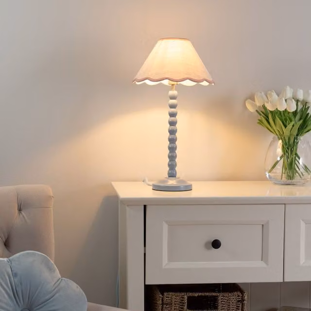 ValueLights Bobbins Powder Blue Ceramic Table Lamp with Pale Pink Fabric Scallop Shade and Bulb – 1