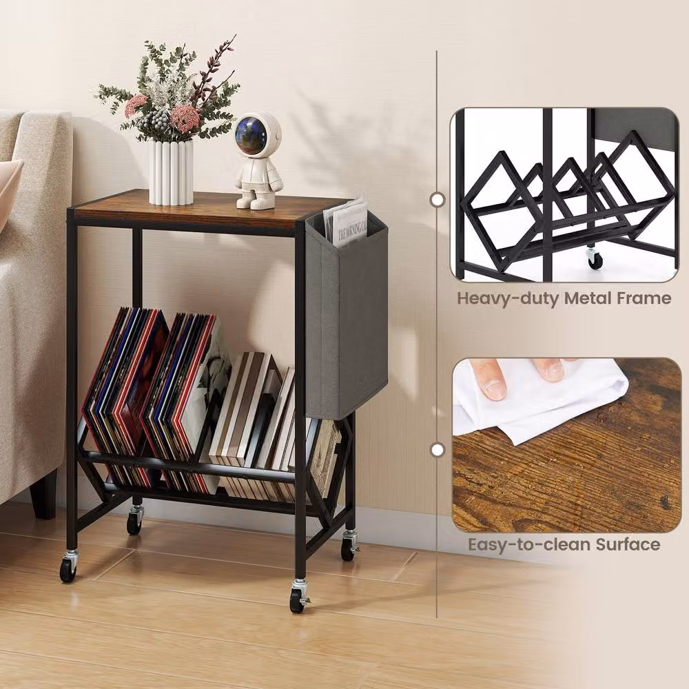 Gymax Brown Rolling Turntable Stand with Vinyl Magazine Holder and Media Compartments – 7
