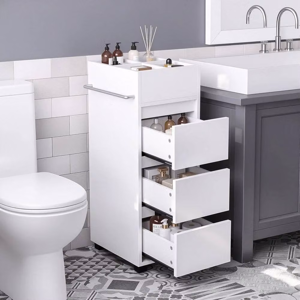 KORVIXA Slim White Freestanding Bathroom Floor Storage Tower Cabinet with 3 Drawers and 4 Shelves, W: 70 cm, H: 75 cm – 3