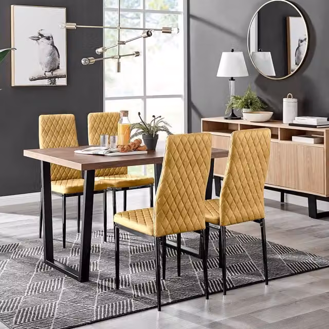 FurnitureboxUK Kylo Brown Wood Effect Dining Table and 4 Mustard Velvet Chairs with Black Legs