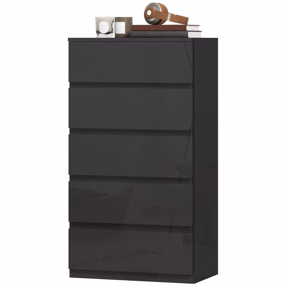 STILVORA Minimalist Black Glossy Chest of Drawers with 5 Soft-Close Drawers – 3