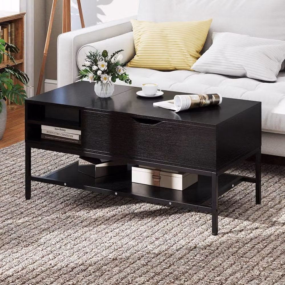 Costway Modern Rectangular Lift Top Coffee Table with Storage Shelf in Black – 7
