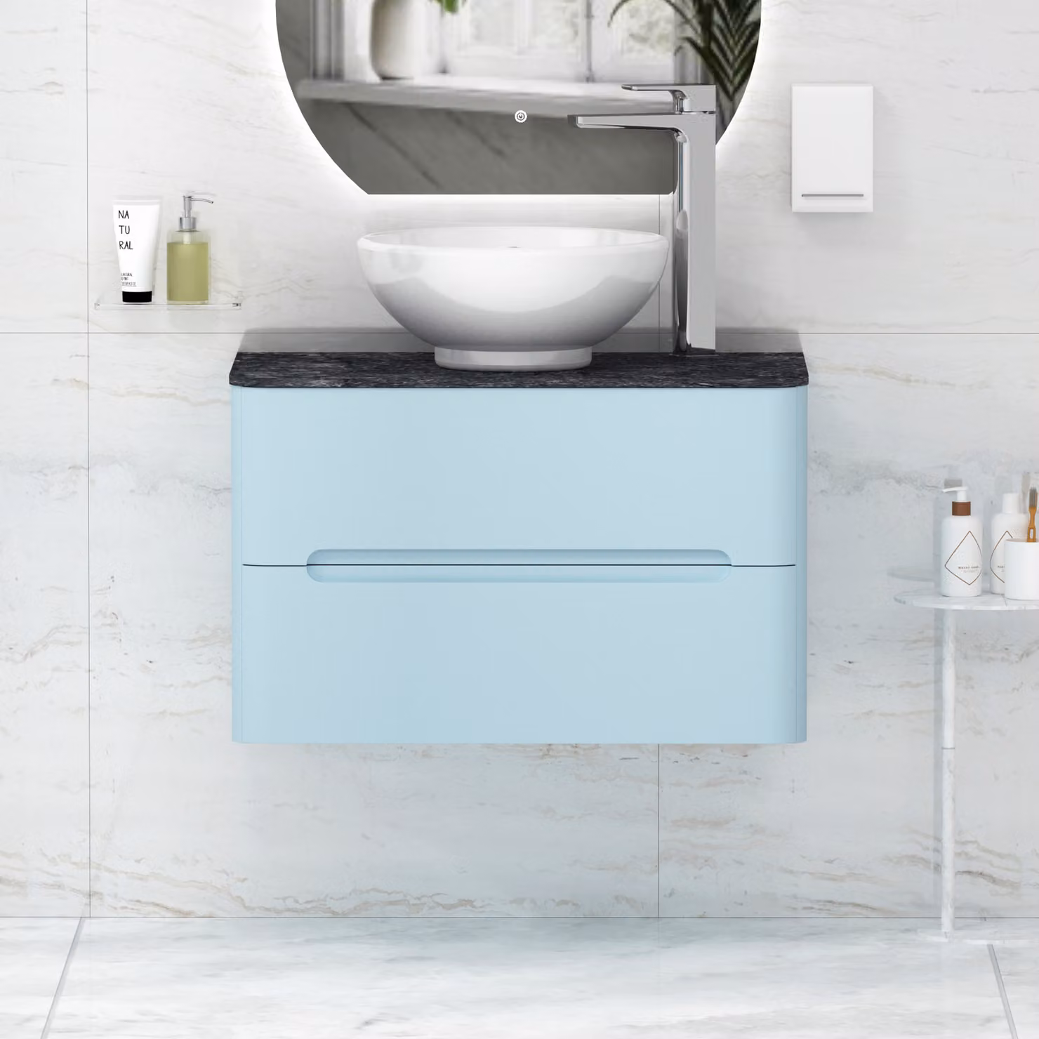 Royal Bathrooms Venice 800mm Wall Hung Vanity Unit with 2 Drawers and Breeze Basin in Powder Blue and Black Star Worktop